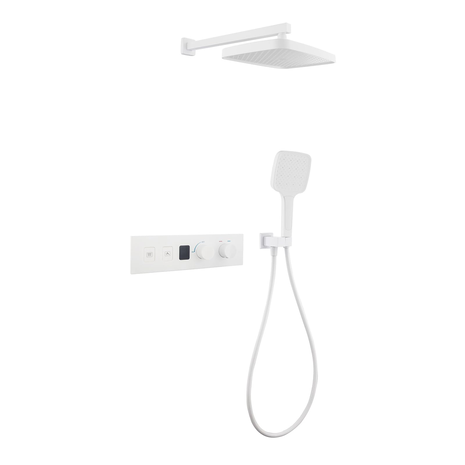 Douche encastrable affichage LED blanc avec pommeau rectangulaire pluie et commande piano