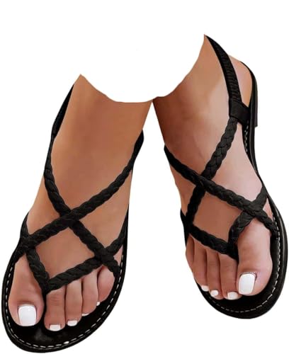 Dressy Flat Sandals for Women 2026 Summer Comfortable Slip on Leather Slide Casual Open Toe Elastic Ankle Strap Flip Flops Sandals Comfortable Vacation Walking Beach Shoes (Black, Adult, Women, 7.5, Numeric, US Footwear Size System, Wide)