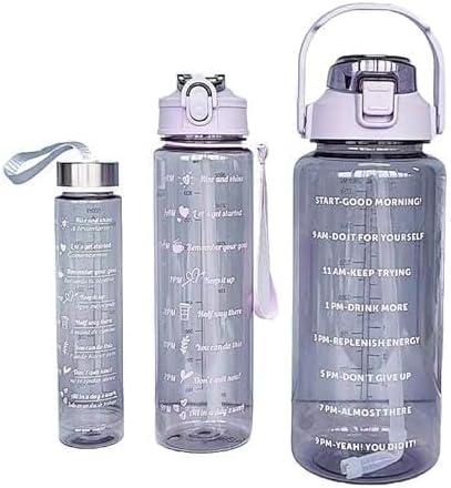 Set of 3 Transparent Water Bottle 2000ML, 900ML, 300ML with Motivational Time Marker |Leak Proof&Break-Proof | Best Usage For Office/School/Gym/Travel (SET OF 3) (PURPLE)