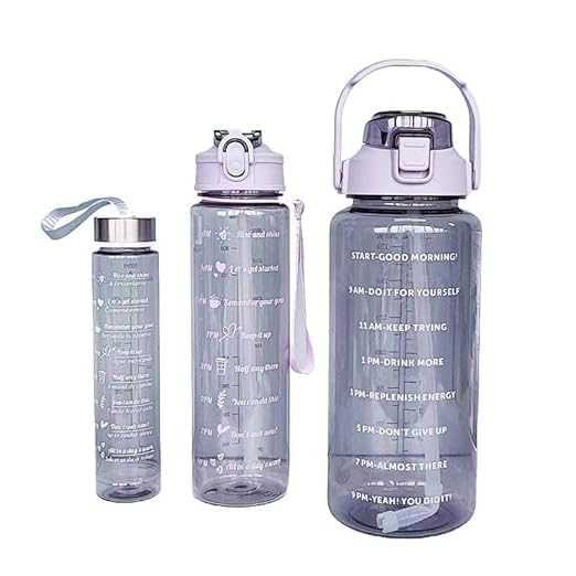 Image of Set of 3 Transparent Water Bottle 2000ML, 900ML, 300ML with Motivational Time Marker |Leak Proof&Break-Proof | Best Usage For Office /School /Gym /Travel (SET OF 3) (PURPLE)