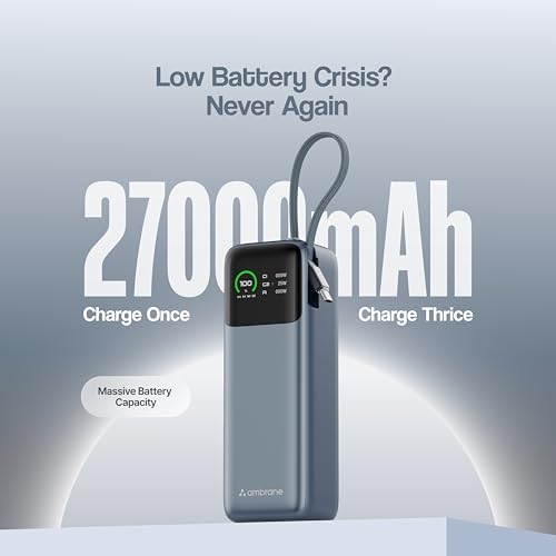 Image of Ambrane 240W Fast Charging Powerbank for MacBook, Type C Laptop & Mobile Charging, USB-A Output 27000mAh Battery, Triple Output, Power Delivery & Quick Charge (Powerlit Ultra 240, Grey)