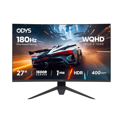 ODYS Q27 PRO-X — Curved Gaming Monitor 27 Zoll (69 cm), 180 Hz, WQHD (2.560x1.440 px), 1ms Reaktionszeit (MPRT), HDR, 1500R, FreeSync kompatibel, Eye Care, HDMI, Display Port, 3,5mm Audio