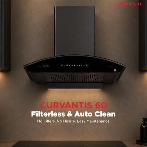 Image of Carysil Curvantis 60 cm Kitchen Chimney, Curved Shape, 1500 m /hr Suction, Auto-Clean Filterless, 3-Speed Touch & Gesture Control, LED Lamp, 10-Year Warranty - Black