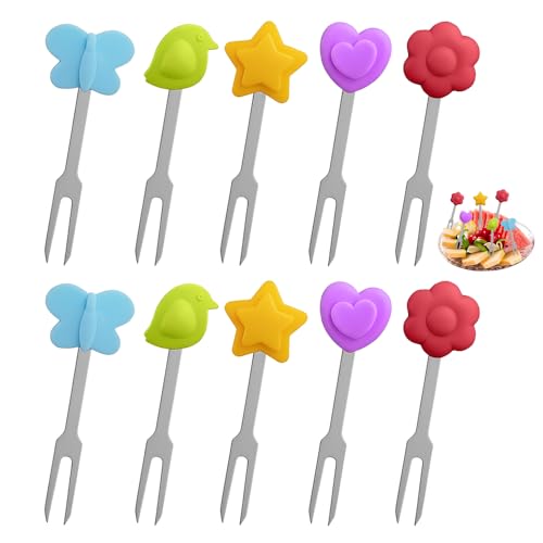 Hmcey 10 Pcs Tenedores De Frutas 7 Cm,Tenedores Postre Acero Inoxidable,Tenedor Aperitivos De Ensalada Con Decoración De Silicona,Food Picks,Palillos Decorativos Para Tarta Para Casa, Restaurante