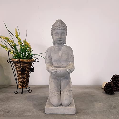 Kante 12.8" H Cement Composite Buddha Statue Tealight Candle Holder Ornament, Natural Concrete Indoor/Outdoor Tabletop Décor #TOP4