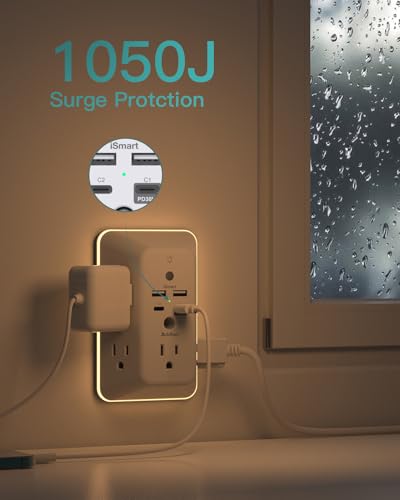 Addtam Surge Protector Outlet Extender, Plug Extension Outlet with Night Light, 5-Outlet Splitter and 4 USB Ports(PD 30W), Multi Plug Wall Outlet for Home Office Dorm Room Essentials