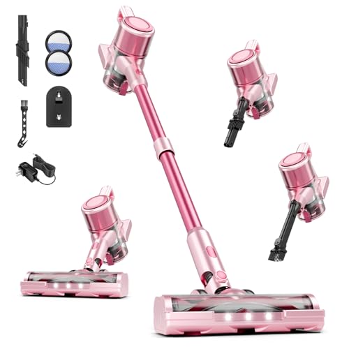 Image of Vaconly Cordless Vacuum Cleaner, 38Kpa Powerful Stick Vacuum Cleaner with 45mins Rechargeable Battery, LED Anti-Tangle Brush, 8-in-1 Handheld Vacuum Cleaners for Home/Pet Hair/Carpets/Floors, Pink