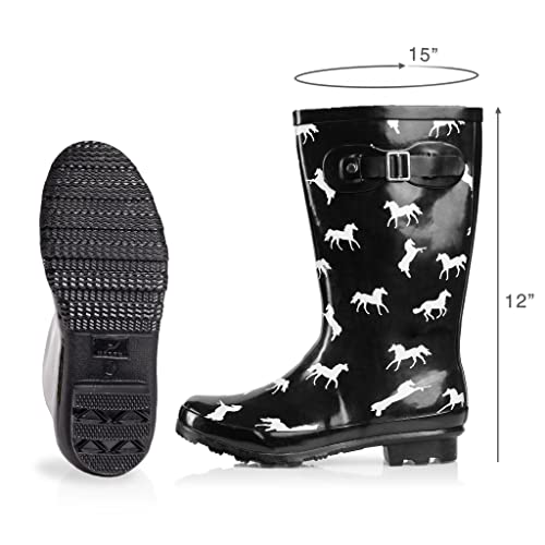 NORTY Waterproof Rain Boots for Women Size 11, Mid Calf Rain Shoes, Slip-Resistant, Comfortable Rainboots, Stylish Outdoor Garden Boots, Glossy Black Horse Design, 11.25" Shaft