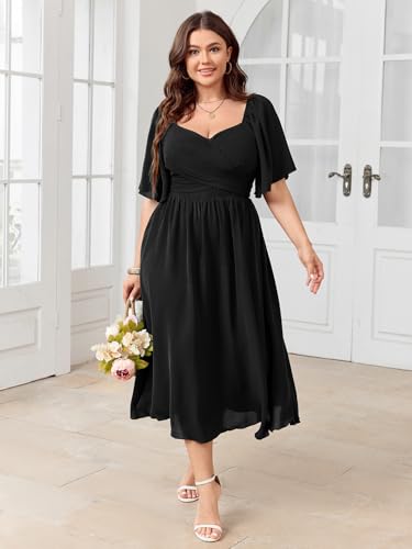 Women's Plus Size Midi Dress Sweetheart Neck Short Sleeve Wedding Guest Cocktail A Line Flowy Dress4