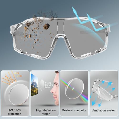 Image of STHIRA Sports Sunglasses Fashion Photochromic Riding Sunglasses Adaptive Cycling Glasses UV400 Protection Streamlined Unisex Outdoor Bike Sunglasses with Storage Case for Running, Hiking, Cycling