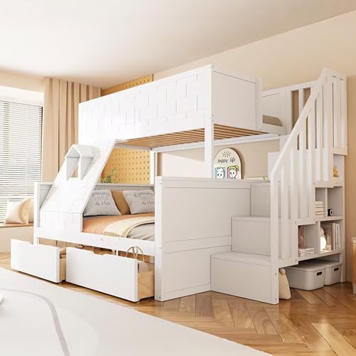LZPUOUI Litera 90x200cm y 140x200cm Blanca con Escalera de Almacenaje y Cajones Inferiores Cama Juvenil de Madera con Ventana Decorativa Estructura de Litera Moderna Marco de Litera para Casa