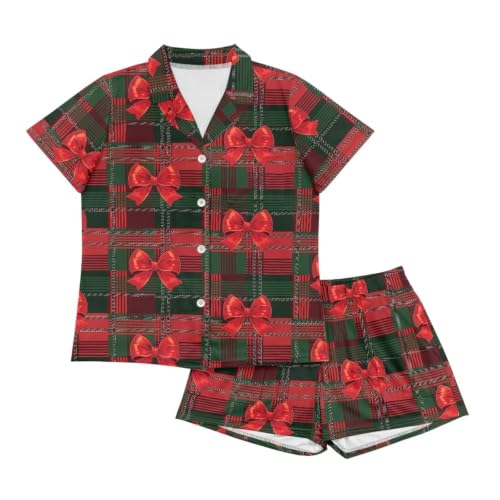 Image of Renewold Button Down Womens Pajama Set Short Sleeve Loungewear Bow Nightwear Sleepwear Night Suit Tops Shorts 2 Pieces