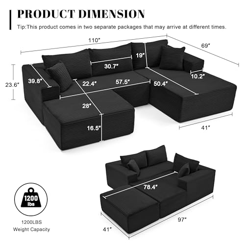 Image of Mangodan 110 inch Cloud Sectional Couch, Boneless Sofa for Living Room, Modular Sectional Sofa with Deep Seat, Comfy Fluffy U-Shaped Couch with Right-Facing Chaise, No Assembly Required, Black
