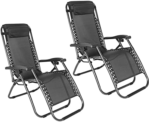 Set of 2 Folding Reclining Adjustable Zero Gravity Lounge Chair, Garden Chair leisure Beach Chair with headrest Sun Loungers powder-coated steel frames, Black