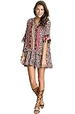 Umgee Women's Printed Mini Bell Baby Doll Boho Peasant Dress Top 3/4 sleeve (S, MOCHA / PINK )