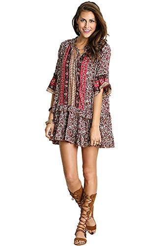 Umgee Women's Printed Mini Bell Baby Doll Boho Peasant Dress Top 3/4 sleeve (S, MOCHA / PINK )