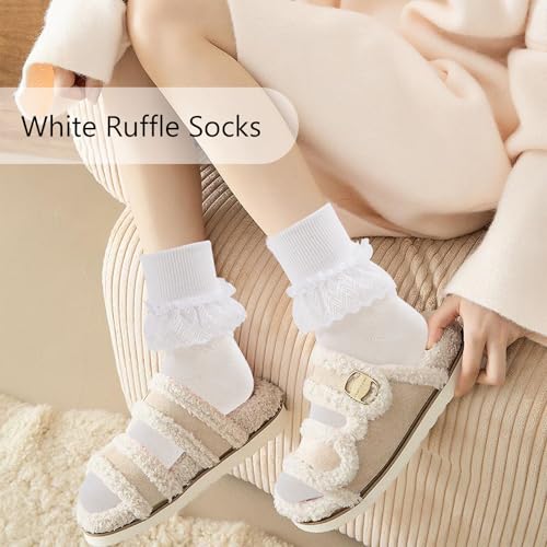 Image of 1 Pair White Ruffle Socks Woman Lace Frilly Ankle Socks Soft Cotton Socks Cute Princess Socks Fashion Dress Socks Lolita Socks for Women (White - 1 pair)