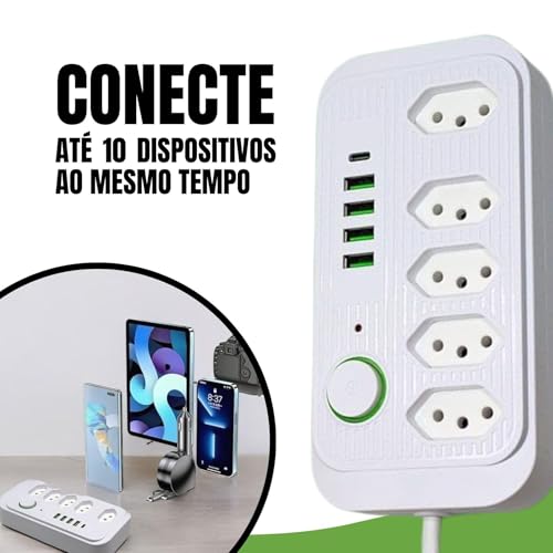 Filtro de Linha e Extensão, contendo 5 Tomadas, 4 Interfaces USB e 1 Porta USB Tipo C. Inclui um Cab