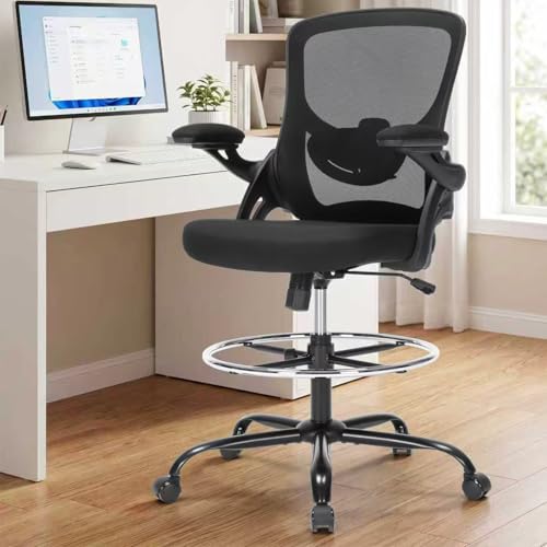 Image of Drafting Chair Ergonomic Comuputer Standing Desk Chair with Flip-Up Arms and Lumbar Support, Tall Office Chair with Adjustable Footrest, Stool Counter Height Office Chairs Black