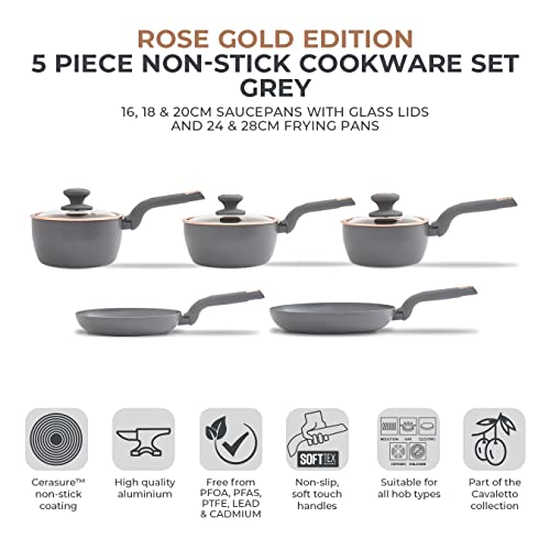 Tower T800232GRY Cavaletto 5 Piece Cookware Pan Set with 16cm, 18cm, 20cm Saucepans and 24cm, 28cm Non-Stick Frying Pans, Grey & Rose Gold