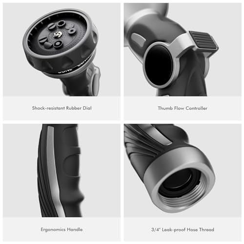 Image of RESTMO Hose Nozzle Heavy Duty, Metal Water Hose Sprayer for Garden | 9 Spray Patterns, High Pressure, Thumb Flow Control, On /Off Valve, Ideal for Outdoor Lawn & Plant, Car & Pet, Silver
