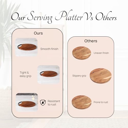 Image of nestroots Wooden Platter Serving Platter sizzler Plate for Snacks | 14 inches Round Brown platters for Snacks Serving Plates Wooden Tray with Black Iron Handle