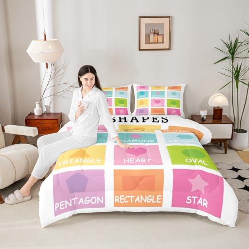 Image of Feelyou Kids Shapes Bedding Set Full Size, Educational Comforter Set Boys Girls Preschool Duvet Insert Learning Teens Bedroom Decor with 2 Pillow Case