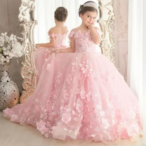 Custom Flower Girl Dresses Tulle Petal Flowers Appliques with Trailing Short Sleeve for Wedding Birthday Party Pageant Holy Communion Banquet Princess Gown2