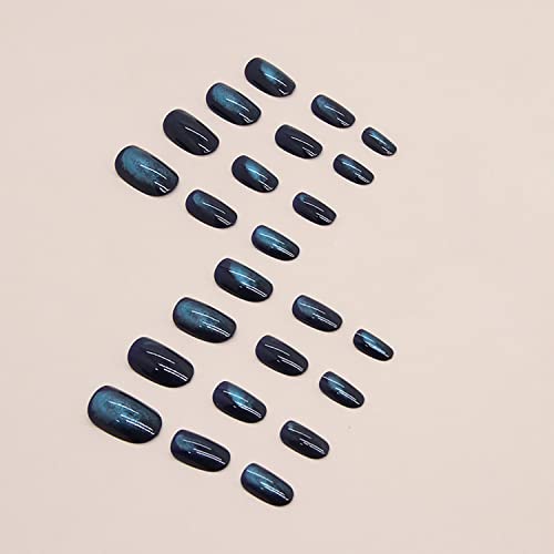 24 Pcs Medium Fake Nails Round Head Almond Press On Nails, Full Cover False Nails With Cat Eye Design Glossy Stick On Nails Black Acrylic Artificial Nails For Women Girls Nail Art Decorations #TOP2