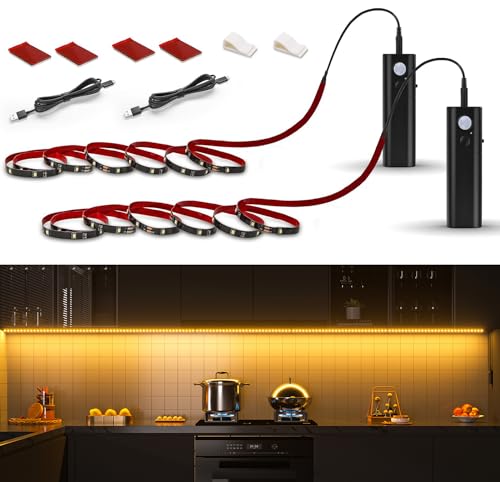 WOBANE Striscia Led con Batteria Ricaricabile 2200 mAh, 2 x 2m Striscia Led con Sensore di Movimento, Strisce Led Adesive illuminazione per Guardaroba,Ripostiglio,Letti,Cucina, Bianco Caldo 2700K