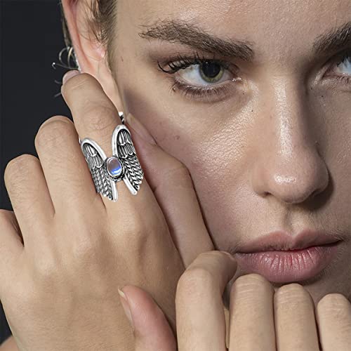 Big Large Angel Wing Moonstone Full Finger Chunky Wide Band Ring For Women Girls,S925 Sterling Silver Retro Vintage Punk Cocktail Party Thumb Index Finger Ring Jewelry Gift For Her (Ring_A, 7) #TOP1