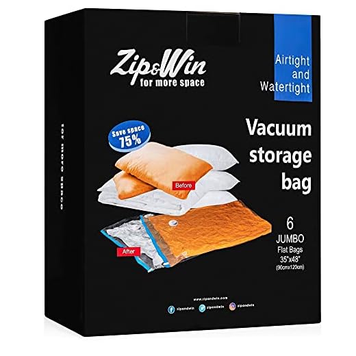 Zip&Win Vacuum Storage Bags 35''x48'' Jumbo Size, Pack of 6 Pieces Space Saver Bags for Seasonal Clothes, Duvets, Pillows, Blankets (+Free Travel Bag)