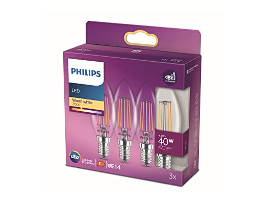 LED Classic 40W B35 Led Mum Filament Ampul, 2700K Sarı Işık, E14 İnce Duy, Dim Edilmez, 3'lü Ekopaket