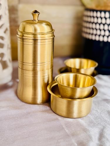 Image of Brass Coffee Filter and Dabara Set Traditional South Indian Style Handcrafted Metal Coffee Brewing and Serving Set Reusable Kitchen Drinkware with Cup and Tumbler | 471 gm - Gold