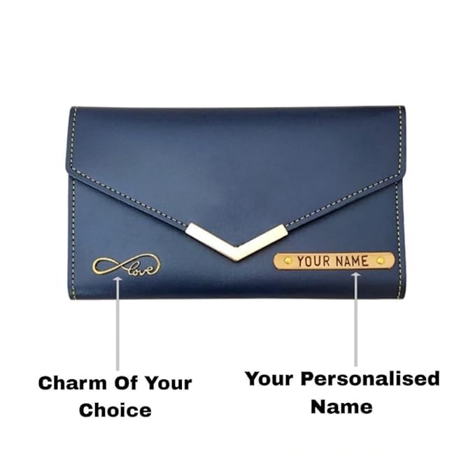 Image of Customized Women's Clutch with Personalized Name & Charm | Premium PU Leather Ladies Wallet (Navy Blue)