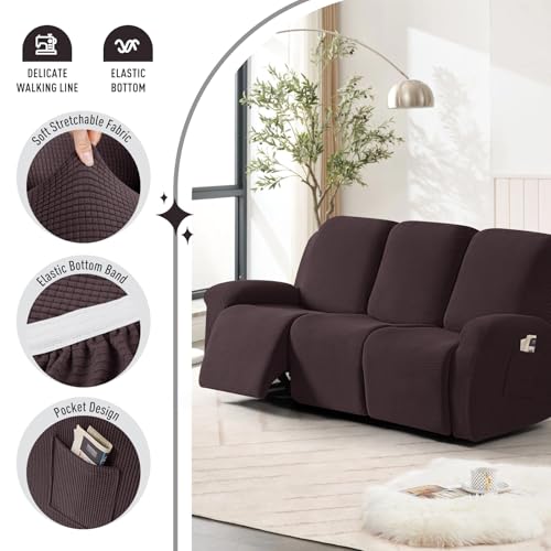 Image of TAOCOCO Recliner Couch Covers for 3 Seat, 8-Pieces Stretch Large Couch Covers for 3 Seats Reclining Slipcovers Soft Jacquard Pattern Furniture Protector, Chocolate