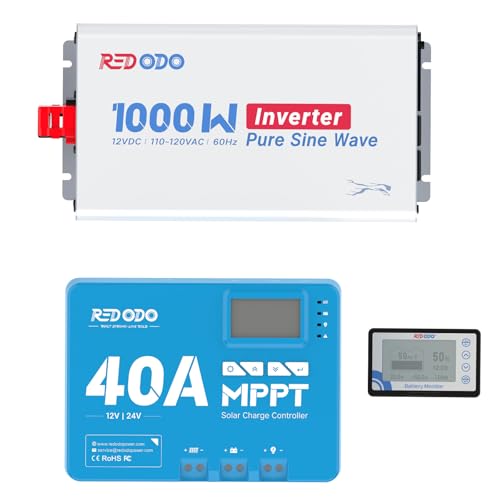 Image of Redodo 40 Amp MPPT 12V/24V DC Input Solar Charge Controller with Built-in Bluetooth Module,Pure Sine Wave Inverter 1000W Convert DC 12V to AC 110V and Battery Monitor with Shunt