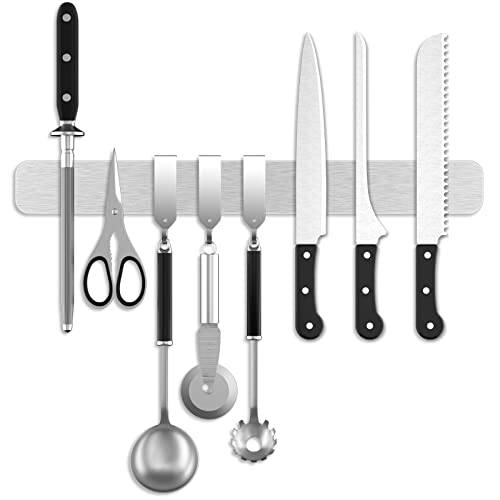 Barra Magnética para Cuchillos con 3 Ganchos, 40cm Soporte Magnético Cuchillos, 16in Portacuchillas Magnético de Acero Inoxidable, Imán Cuchillos Organizadores para Cocina, Cucharas, Espátulas