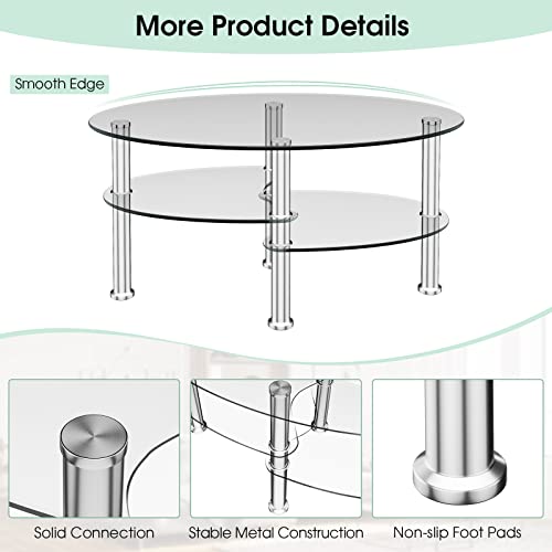 Costway Tempered Glass Coffee Table, 3-Tier Sofa End Table With Metal Tube Legs And Open Shelves, End Table For Living Room, Modern Oval Tea Table For Living Room Office (Transparent) #TOP7
