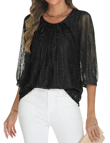 Relipop Tunic Tops for Women Loose Fit Dressy Casual 3/4 Sleeve Double Layered Glitter Mesh Top Summer Formal Going Out Cocktail Classy Sparkly Outfits Black Large