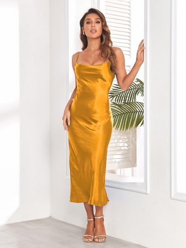 Image of Women's Spaghetti Strap Midi Satin Silk Dresses Slip Cowl Neck Party Cocktail Evening Sexy Dress