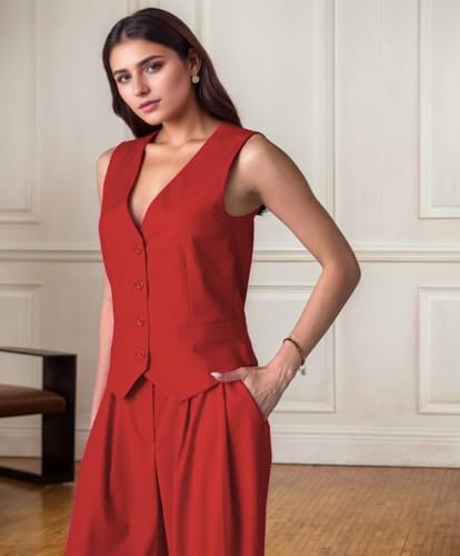 Mi Bo Tong Women's 2 Piece Outfits Crop Vest and Wide Leg Suit V Neck Casual Suits Summer Outfits3