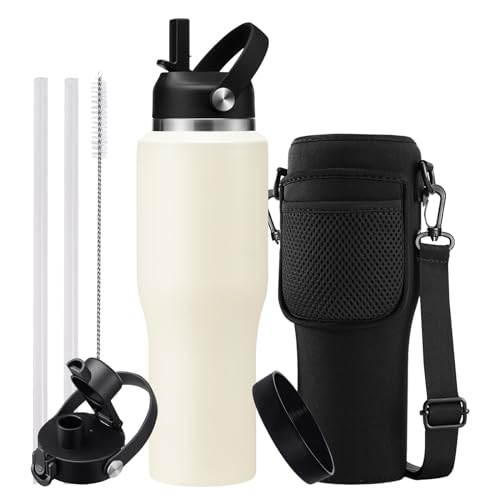 Image of 32 /40 OZ Water Bottle with Carrying Case, Stainless Steel Insulated Bottle with Lid and Straw, Double Wall Vacuum Thermal Cup Fit in Car Cup Holder for Travel Drive