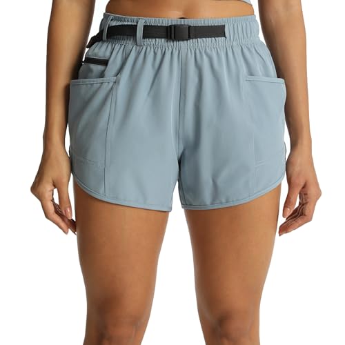 Womens Athletic Hiking Shorts with Built-in Liner - Lightweight Quick-Dry with Adjustable Belt for Travel Running Workout (Denim Blue L)