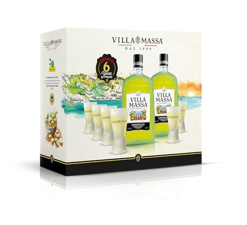 Villa Massa Limoncello – Caja Pack 2 Botellas + 6 Vasos chupito - Licor de Limón de Sorrento I.G.P. – Receta Tradicional Italiana – 2 Botellas de 700 ml
