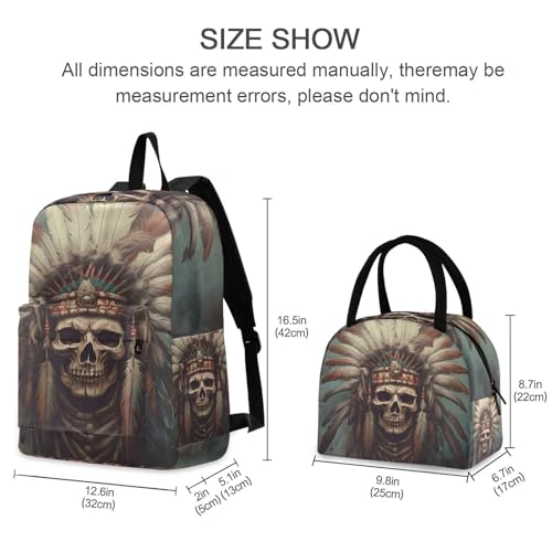 Skeleton Chief Print Backpack Set with Lunch Bag, Large Capacity Travel Backpacks and Lunch Box Insulated for Commute Hiking Picnic2