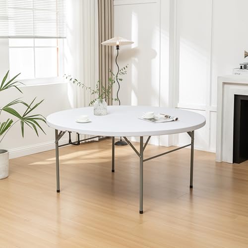Image of BTEXPERT Set of 5, White 5 Ft 60inch Round Plastic Folding Table Commercial Portable for Banquet Dining Wedding Party Events Home Kitchen Patio Backyard Indoor Outdoor