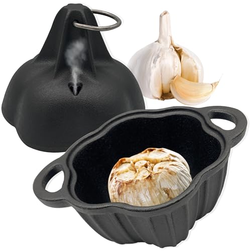 AOKDEER Garlic Roaster Baker Cast Iron Potato Cooker for Wood Stove Pre-Seasoned Smoker Box & Garlic Roaster for Grill Oven Grill All-Season Cast Iron Steamer Pot Garlic Roasters
