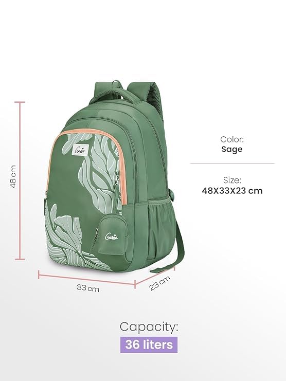 Image of Genie Mira School Backpack For Girls |19 Inch-36 Litres With Three Compartments, Light Weight with Padded Shoulders |Best for Books, Water Bottles, Stationery, Lunch Box & Essentials - Sage