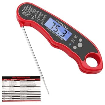 Lonicera Digital Meat Thermometer with Foldable Probe, Waterproof & Instant Read, Backlit, Calibration (Red)